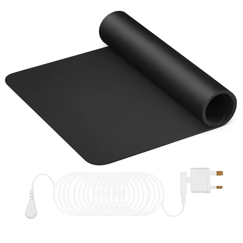 Aboddex Grounding Mat rolled up with its grounding cord and US grounding plug