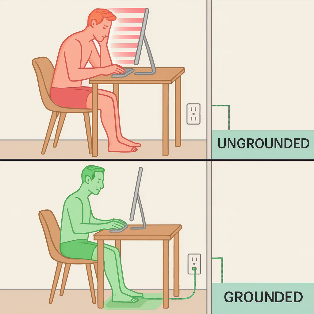 Illustration comparing an ungrounded body with a grounded body connected to an earthed outlet